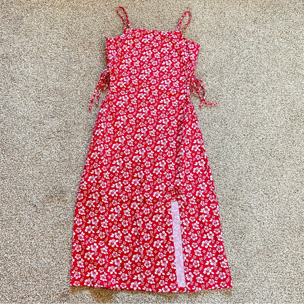 Hollister Red & White Hibiscus Print Cut Out Midi Dress, Size Medium